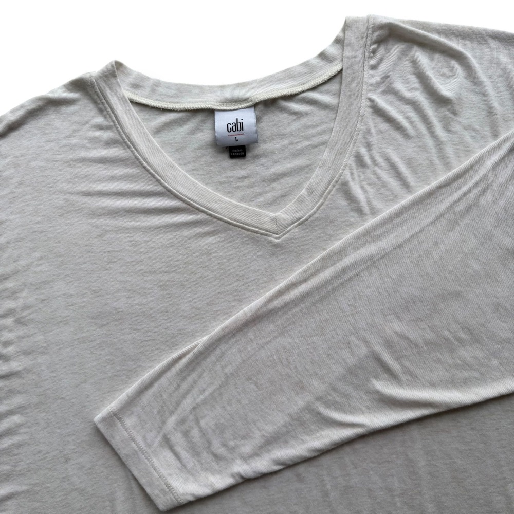 Cabi Womens L Cream Ivory V-Neck Relaxed Long Sleeve Serenity Tee 4195 Cozy Chic
